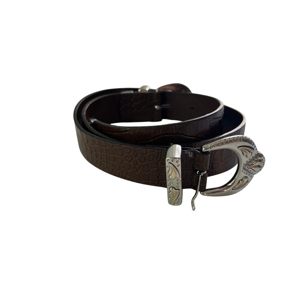 Maje Brown Western Croc Leather Double Buckle Belt Silver Gold Hardware